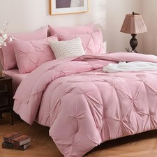 7 Pieces Comforter Set, Pintuck Pinch Pleat Bed in a Bag, Soft Queen Pink