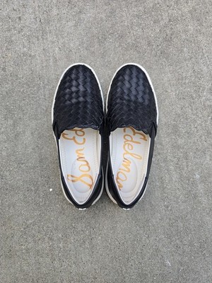 Women's Sam Edelman Eda Shoes Size 7 Black Leather Slip On Sneakers Loafers EUC