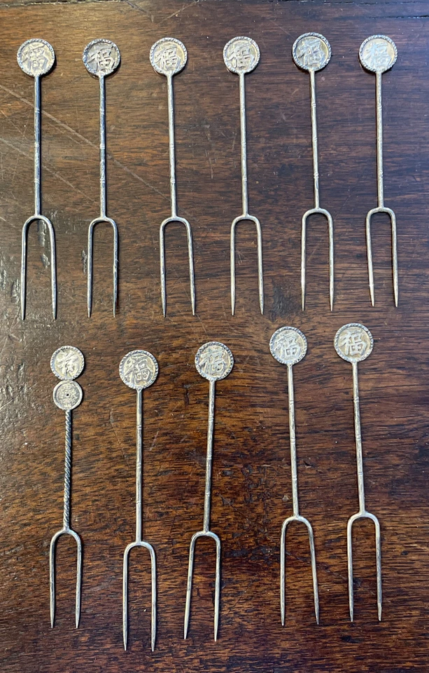 Juego de 11 tenedores de cóctel antiguos chinos de plata entremeses oliva limón selecciones Foto 2 de 4