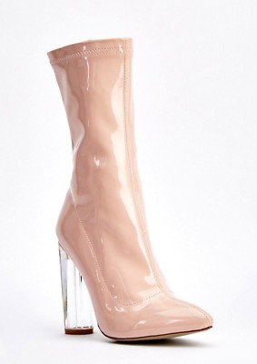 40 BEBO NUDE PATENT HIGH PERSPEX HEEL SLIM LEG SEXY ANKLE BOOTS