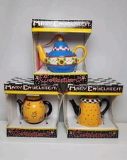 Vtg 90's Mary Engelbreit Mini Teapot Ornaments Cheerful Lot of 3 in Box NOS