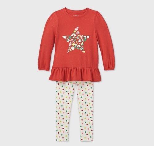 Cat & Jack Toddler Girls 2-piece Christmas Outfit Size 4T Red Top Leggings - 第 1/3 張圖片