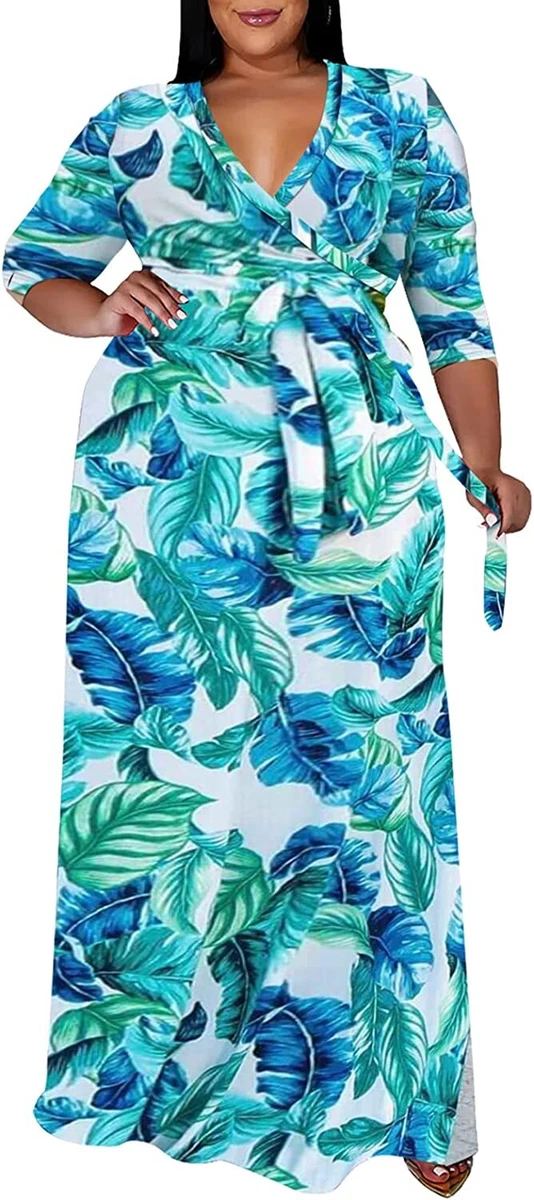 Runwind Plus Size Dresses for Women Floral Maxi Dress Flowy 3 4 Sleeve with Belt