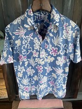 Vintage 60s 70s Hawaiian blue hibiscus 1/4 Button Up shirt Medium