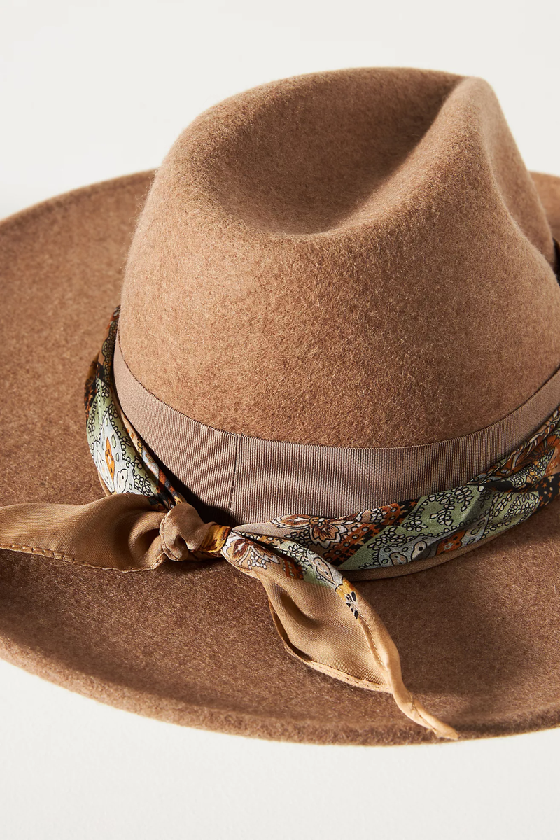 NWT ANTHROPOLOGIE BRAND SCARF COVERED BAND RANCHER HAT MOCHA 