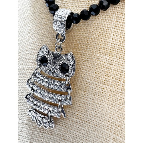 Owl Crystsal Black Beads Necklace 20” - Picture 6 of 7