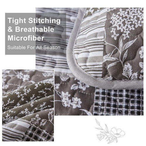 Grey Boho Quilt Set King Size,3 Pieces Plaid Floral Bedspread Coverlet Set fo... - Picture 3 of 7