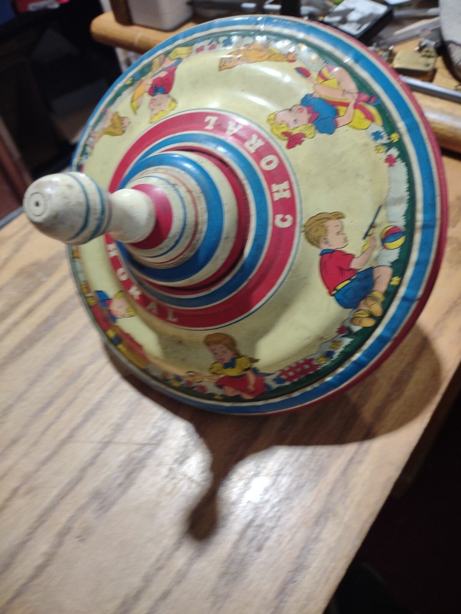 Vintage Choral Spinning Top Tin Lithography Toy Made Occupied