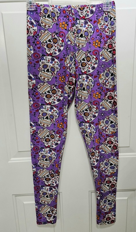Sugar Skull Day of The Dead Purple Leggings Womens Leggings One Size small med