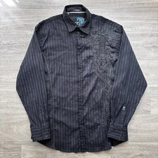 ROAR Shirt Men 2XL Black Button Striped Embroidered Tribal Goth Rock Punk Grunge