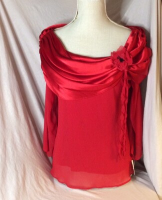 JBS LTD Women's Size M Red Blouse Top Shirt w/ Overlay & Rosette BEAUTIFUL! -NWT