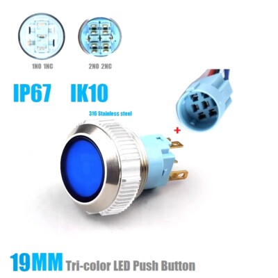 19mm RGB Tri-color Illuminated 316Stainless steel Anti-vandal Push button switch