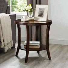 Small Round Chair Side End Table Accent Storage Nightstand Bedside With Shelves