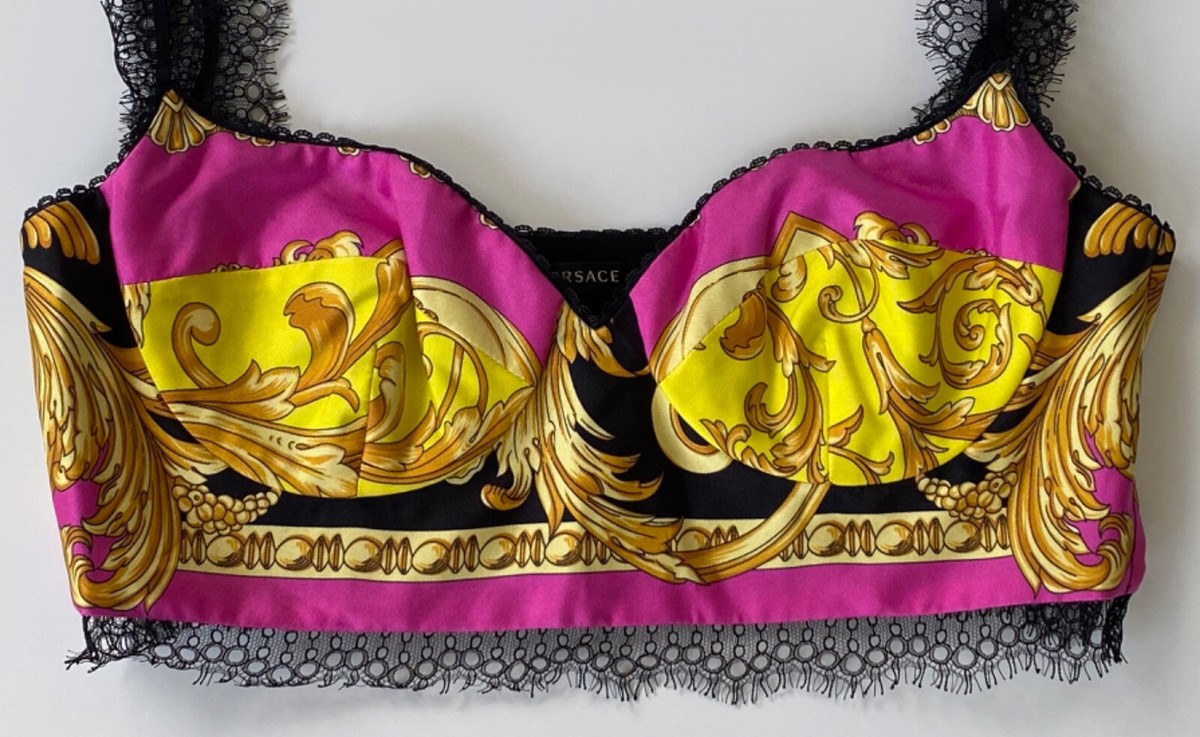 NEW Versace Fuchsia Barocco Femme Print Lace Bralette