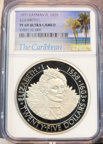 1977 CAYMAN ISLANDS SILVER 25 DOLLARS QUEEN ELIZABETH I NGC PF 69 ULTRA CAMEO