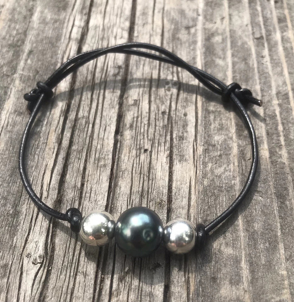 大溪地 10-11 毫米珍珠和 8 毫米纯银手链皮绳可调节手工制作 — 第 3/4 张图片