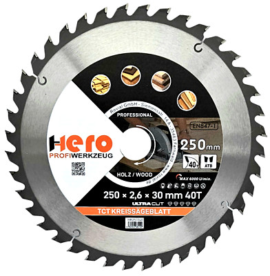 Kreissägeblatt 250 x 30/20 mm 40Z Profi HM Sägeblatt TCT Sägeblätter Holz HERO