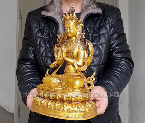 Antique Kwan-yin Buddha Statue blessed 4 arms guanyin Old Bronze gilt 12.4“/31cm - Picture 5 of 10