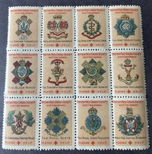 GB WW1 CHARITY FUND BRITISH RED CROSS REGIMENTAL LABELS BLOCK of 12. MINT.