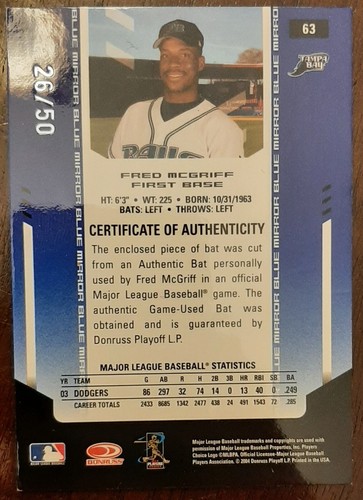 2004 LEAF CERTIFIED MATERIALS MIRROR BAT BLUE #63 FRED MCGRIFF 26/50 HOF GU'd - Picture 2 of 5