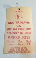 Notre Dame USC Trojans 1992 Football Press Box Pass Rick Mirer Jerome Bettis Vtg