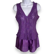 VTG Cinema Etoile Size Medium Sheer Lace Lingerie Top Short Set Purple Floral