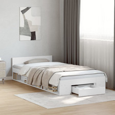 Bed frame White 90x200cm Engineered Wood Plywood Slats Storage Bed with Drawer.
