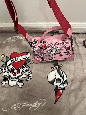 Ed Hardy Crossbody Small Pink Flowers Rose Leopard Rhinestone