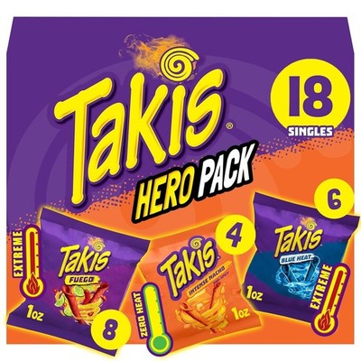 Takis 18 Count Variety Pack   Fuego (8), Blue Heat (6), Intense Nacho (4), 1 oz 