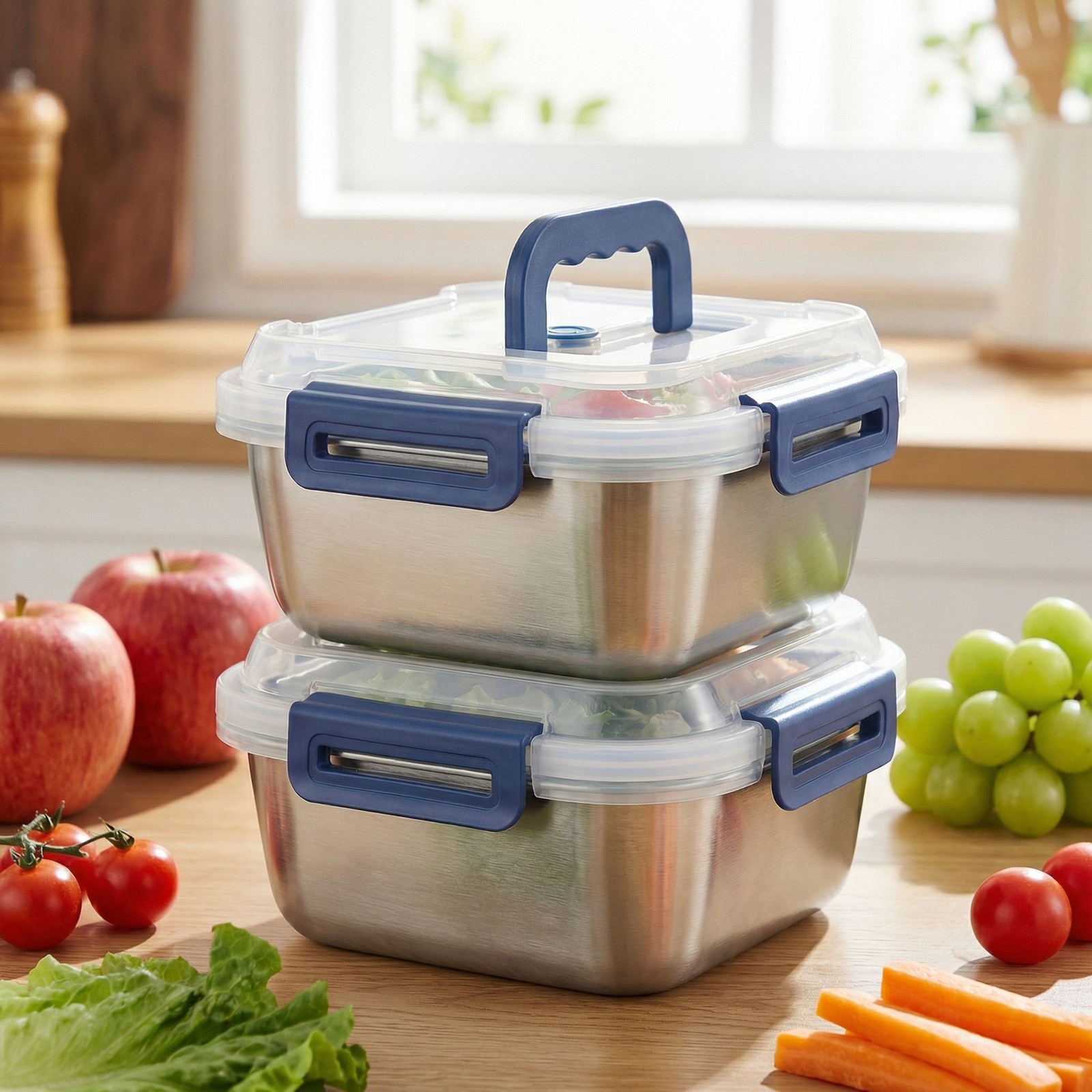 2pcs Large Stainless Steel Food Storage Containers with Lids