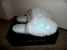 Cute H Halston size S 6 7 blue fuzzy slip on memory foam slippers NIB