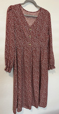 Peasant Dress Women’s L Maroon Ditsy Floral Long Sleeve V-Neck Faux Button Midi