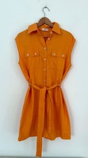 Mango Leinen Hemdblusenkleid orange ärmellos Gürtel Utility Taschen Gr. M