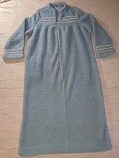 Vtg Womens Blue Fuzzy Plush Zip Up Long Robe Housecoat Lounge Dress Cozy Soft