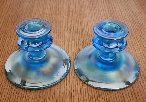 Fenton Celeste Blue Iridescent Stretch Candlestick Pair - Excellent Condition