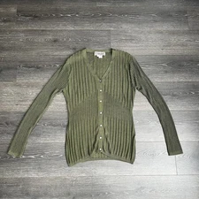 Vintage Carlisle 100% Silk Academia Cardigan Sweater Button Ribbed Green Large