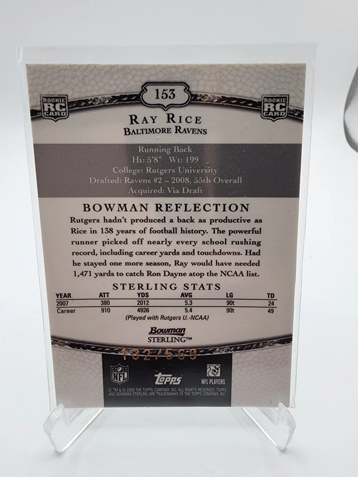 2008 Bowman Sterling 132/569 Ray Rice #153 Rookie RC - Image 2 of 2