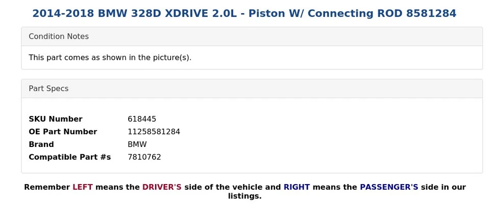 BMW 328D XDRIVE 2014-2018 2,0 L - pistón con varilla de conexión 8581284 Foto 3 de 4