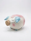 Vintage 1957 Hull Pottery Corky Pig Piggy Bank Blue & Pink 6”