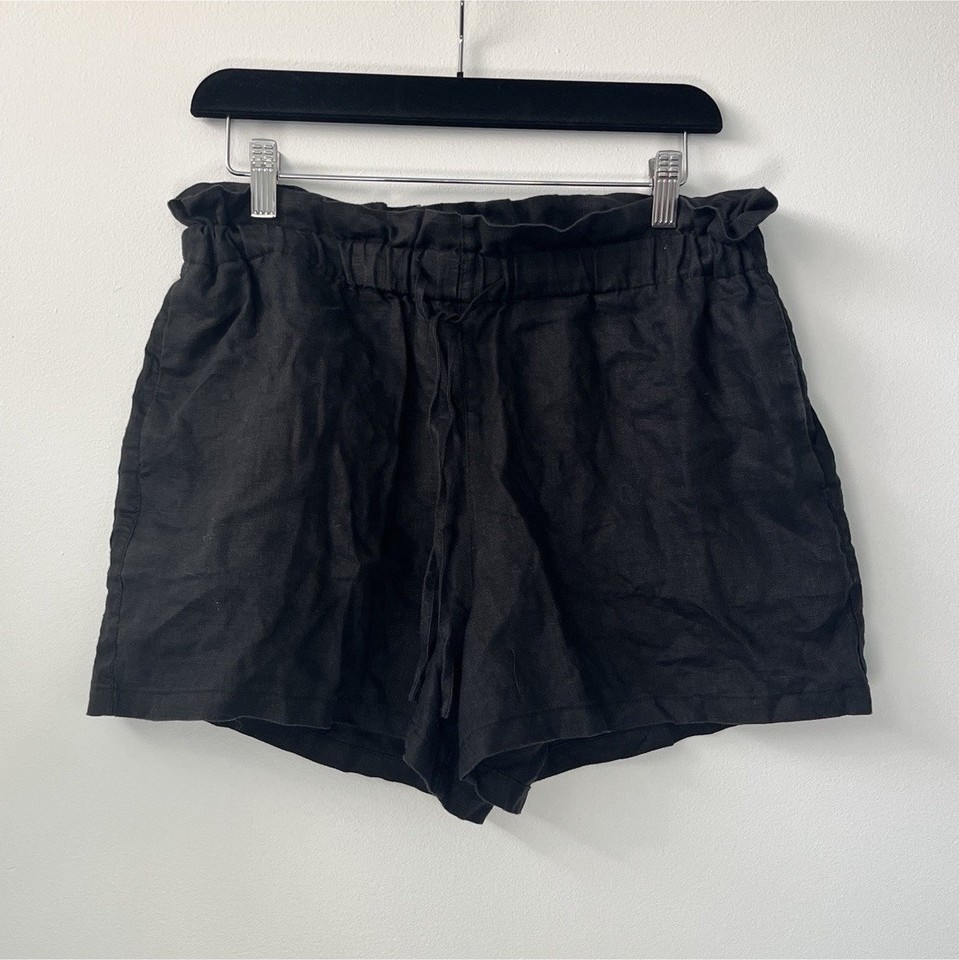 Seed Heritage Black Paperbag Pleated Linen Blend Shorts Elastic Waist Size 10