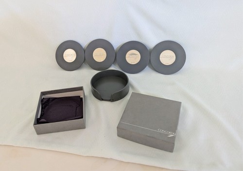 EXCLUSIVE BRITISH AIRWAYS CONCORDE 4 LEATHER STERLING SILVER COASTER SET IN BOX