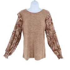 SHEIN Knit Blouse Shirt Womens Sz L Brown Heathered Floral Balloon Sleeves SOFT