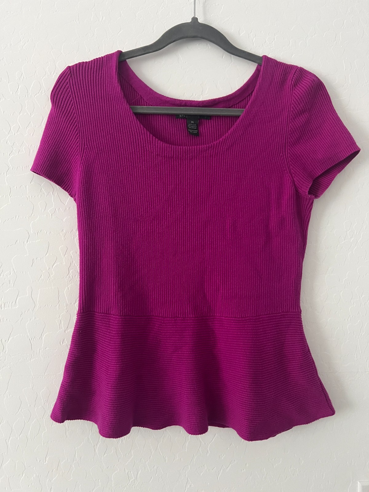 INC International Concepts Womens Peplum Top XL Pink Ribbed Short Sleeve Stretch
