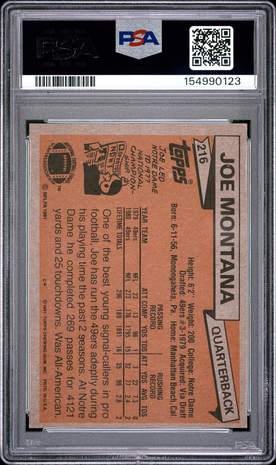 1981 TOPPS #216 JOE MONTANA ROOKIE RC PSA 5 view 2