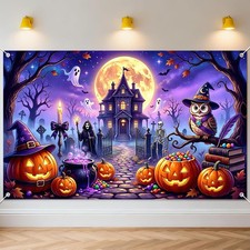 Halloween Backdrop Banner Moon Night Castle Halloween Photo Background Spooky Pu