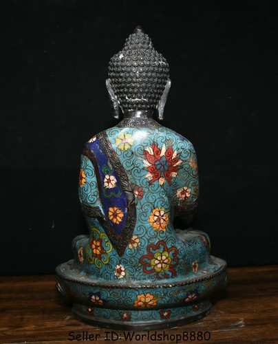 11.6" Old Cloisonne Enamel Bronze Tibet Shakyamuni Amitabha Buddha Bowl Statue - Picture 11 of 12