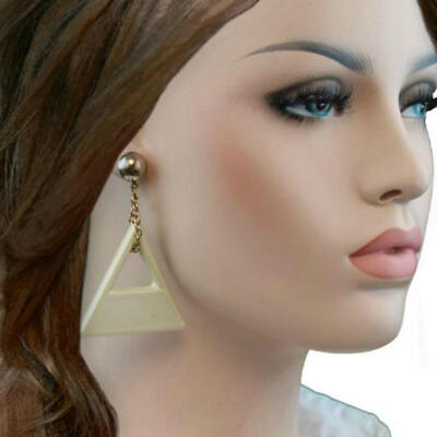 Cream Geometric Triangle Gold Tone Drop Dangle Earrings Pierced Vintage 1980s 3''