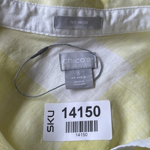 Chico's Women Gingham Maxi Shirt Size L (3) Yellow White Linen No Iron - Picture 9 of 14