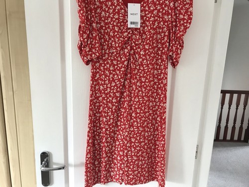 NEXT Red Floral Print Short Sleeve Mini Tea Summer Dress Size 8/10 - Brand New - Picture 6 of 11