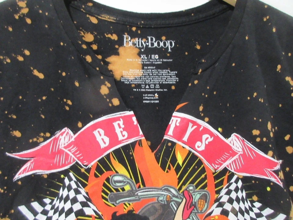 Talla XL Betty Boop Mujer Gráfico Camiseta Bicicleta BORN TO RULE Negro Tie Dye Crop Foto 4 de 4